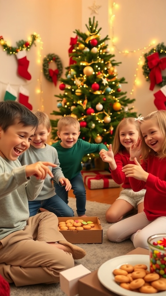 Children enjoying Christmas games in a festive living room with decorations and a tree.